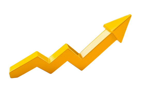 Golden arrow graph showing upward trend and growth on transparent background