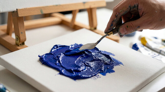 Crafting a vibrant blue paint texture on canvas during an art session