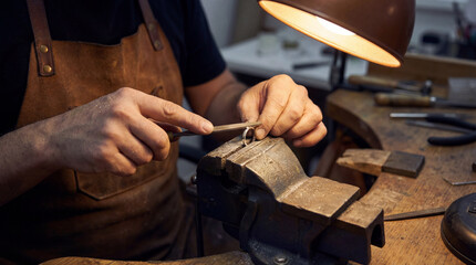 Crafting a silver ring in a well-lit workshop during the evening