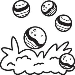 Fototapeta premium Illustration of cute cartoon black and white outline drawing of five planets with stripes and craters floating above a stylized cloud or ground element, perfect for coloring book page