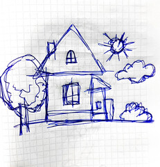 House and tree - a child's drawing drawn with a pen