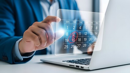 Businessman interacting with a transparent digital interface on a laptop computer
