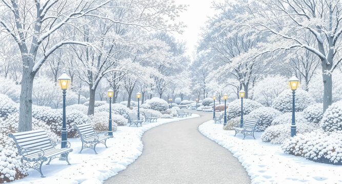 Bright snowy park path winding through frosted winter trees. Clean white winter landscape with lamps and curved walkway. Peaceful snowy garden glowing under clear daylight
