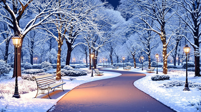 Glowing winter park path under soft warm evening lights. Enchanted snowy walkway shining in a peaceful night. Winter night scenery lit by warm lamps and snowy trees