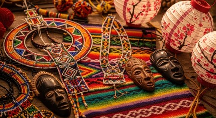 A collection of traditional African and Asian crafts and souvenirs. Multicultural still life with beaded jewelry, wooden masks, and paper lanterns on a colorful textile