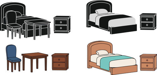 Illustrations of bedroom furniture including beds chairs and nightstands