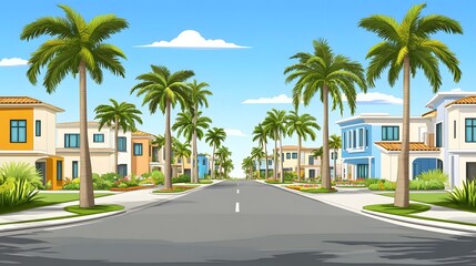 Colorful modern residential buildings line a paved street shaded by tall tropical palm trees