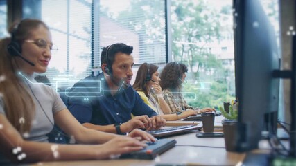 Team of support workers wearing headsets handling customer calls in bright office. Mixed group typing on keyboards while digital interface elements floating around busy workstation area. - Powered by Adobe