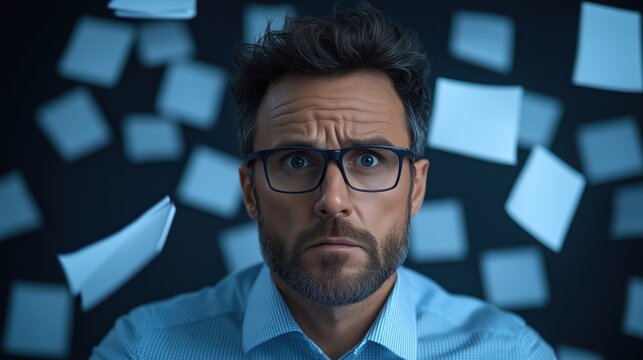 Stressed businessman working night shift, overwhelmed by flying paperwork in a dim office, symbolizing deadlines, burnout, and corporate pressure