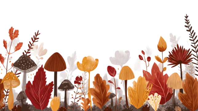 PNG beautiful autumn floral arrangement with vibrant mushrooms and colorful leaves bottom border on transparent background