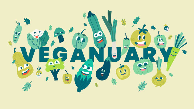 Colorful Veganuary illustration with cute vegetable characters around bold text. Fun vector design for vegan campaigns, plant-based lifestyle, healthy eating and nutrition promotion.