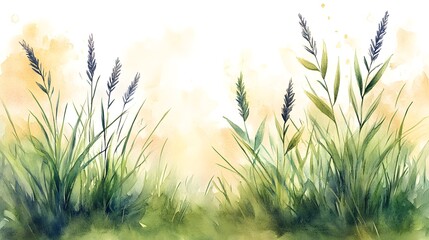 Watercolor illustration depicts tall blades of grass with flowering tops against a soft, luminous background.