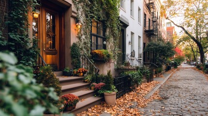 Charming autumn street lined with brownstones and colorful foliage in a quiet neighborhood