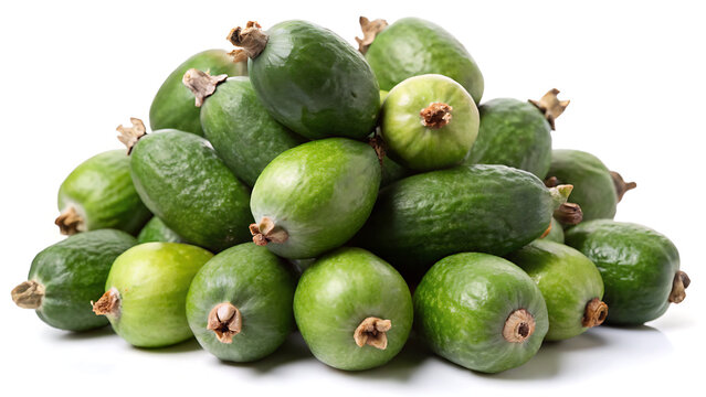 pile of feijoas (pineapple guava), on white