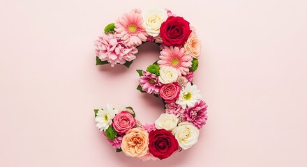 Number three made from a beautiful vibrant flower arrangement on pink.