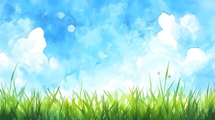 Bright green grass blades rise toward a vibrant blue sky filled with fluffy white clouds