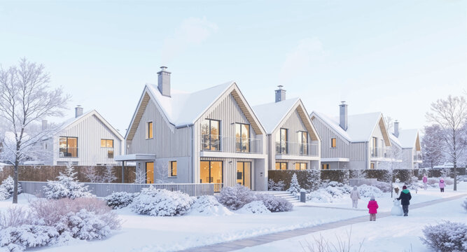 Bright snowy neighborhood with modern winter homes. Peaceful winter housing area glowing in soft daylight. Snow-covered family neighborhood under clear cold skies