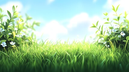 Vibrant green meadow grass extends towards a bright, softly clouded blue sky