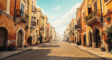 Obraz premium Sunny Mediterranean street lined with colorful buildings. Warm cobblestone avenue glowing under bright afternoon sun. Vibrant old-town street filled with warm architectural tones