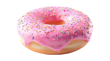  Pink donut with glossy icing and soft pastry texture featuring sweet bakery treat details clearly displayed isolated on white background.