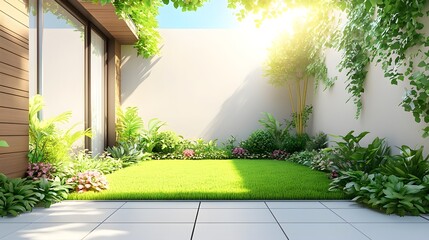 Bright sunlight illuminates a modern patio area featuring lush green lawn surrounded by dense foliage.