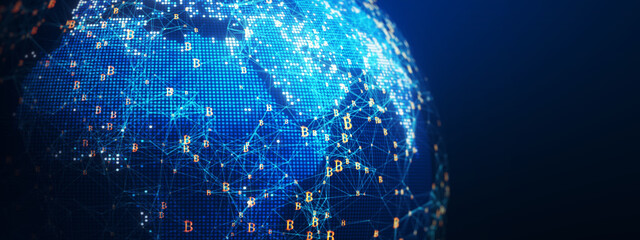 Global blockchain network, bitcoin nodes, digital finance background, cryptocurrency technology, data flow sphere, decentralized finance concept, fintech cyber world