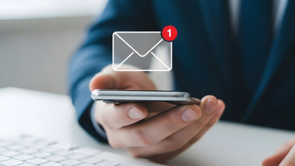 Man holding phone with email notification icon overlay