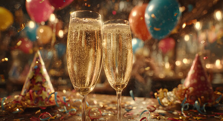 Celebrate New Year's Eve 2026 with champagne, balloons, and festive streamers
