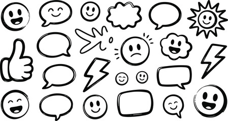 Hand Drawn Speech Bubbles and Emoticons in Black and White on Transparent Background for Comic Style Exactly 130 Characters