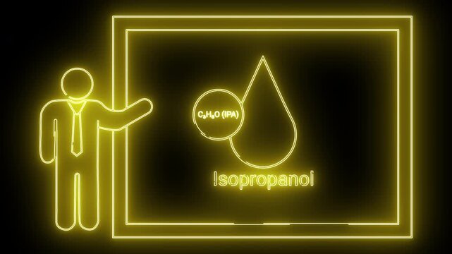 A neon style outline displays an illustration of Isopropanol with the formula on a board presented by a figure