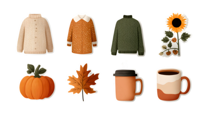 PNG set of autumn elements with pumpkins, sweaters, leaves, and warm mugs on transparent background