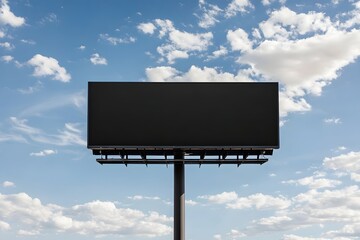 Large blank outdoor advertising hoarding stands against a bright blue sky filled with scattered white clouds