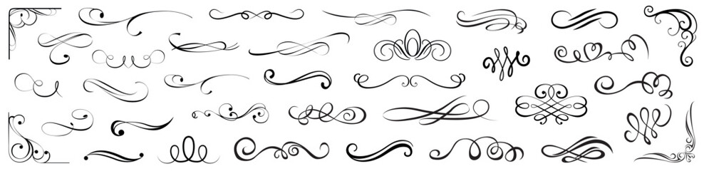 A refined collection of elegant ornamental flourishes, perfect for enhancing invitations, branding, certificates, and decorative layouts with timeless calligraphic charm.