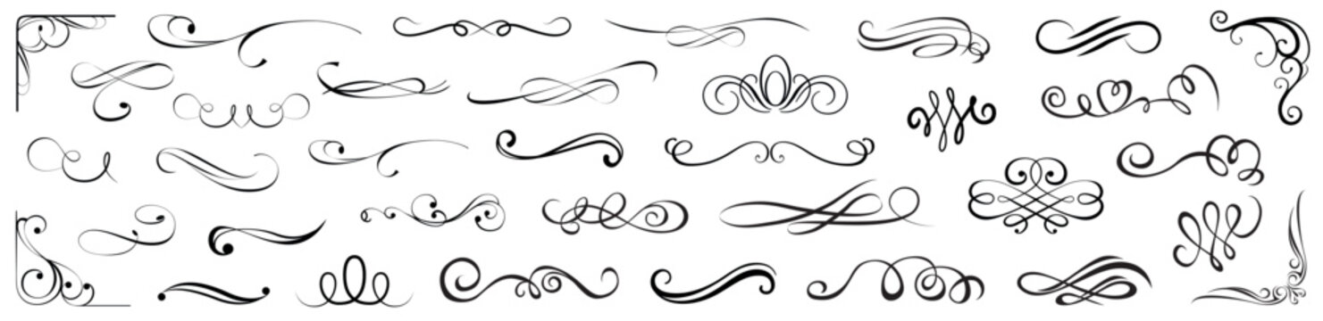 A refined collection of elegant ornamental flourishes, perfect for enhancing invitations, branding, certificates, and decorative layouts with timeless calligraphic charm.