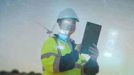 Caucasian male engineer holding tablet and inspecting digital turbine data near windmill at sunset. Standing in open field while hologram interface panels displaying analytics floating around device. - Powered by Adobe