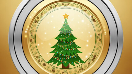 Festive christmas tree with star and lights inside a decorative golden circular frame with snowflakes and pine cones on a warm golden background
