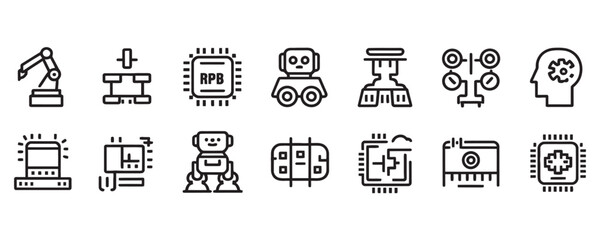 Modern line art icons showcasing the future of technology, robotics, AI, and automation for innovative business solutions and cutting-edge design