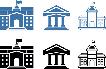 Silhouetted government buildings representing different branches of government and political ideologies. Government building icon. 