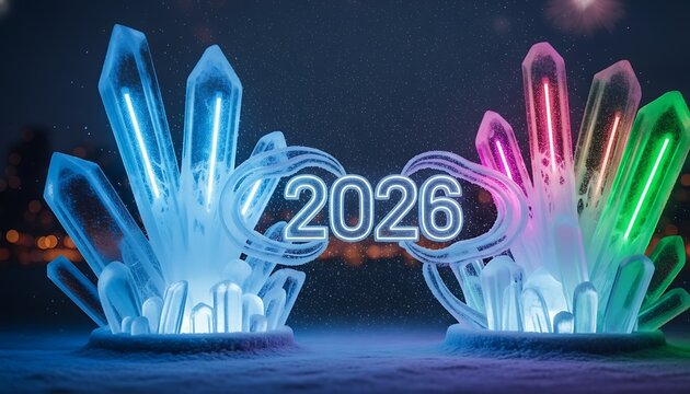 Sparkling 2026 new year celebration with glowing crystals and a snowy landscape under a starry night sky creating a festive and magical atmosphere for the holiday