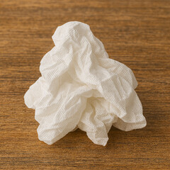 crumpled tissue or serviette paper  on a wooden surface.