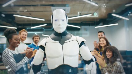 Robot standing in center while diverse team applauding in bright office. Group celebrating successful tech demonstration as hologram interface elements floating around humanoid machine. - Powered by Adobe