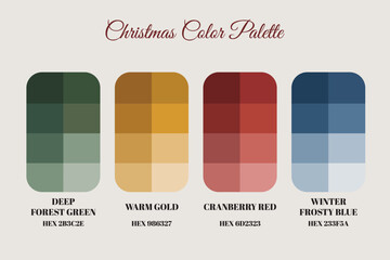 Christmas color palette swatches festive scheme deep forest green warm gold cranberry red frosty blue design