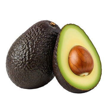 Fresh avocado whole and half isolated on transparent background