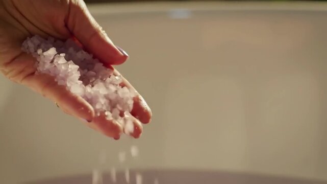 Close-up shot of hand pouring salt crystals, emphasizing texture and culinary use