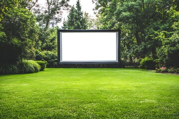 Large outdoor projection screen displays blank white space framed by lush green foliage and manicured lawn