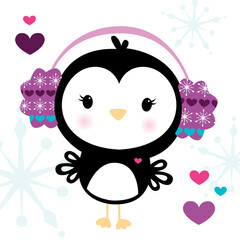 Cute winter penguin vector illustration with hearts, snowflakes and patterned ear muffs on a white background. Apparel graphic artwork.