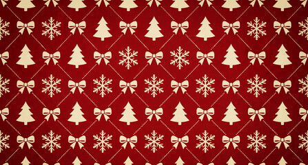 Red and Cream Christmas Background with Geometric Shapes and Christmas Trees &mdash; Seamless Snowflake Pattern, Xmas Wrapping Paper Ornament Design