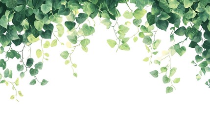 Lush green foliage drapes downward from the top border against a bright white background