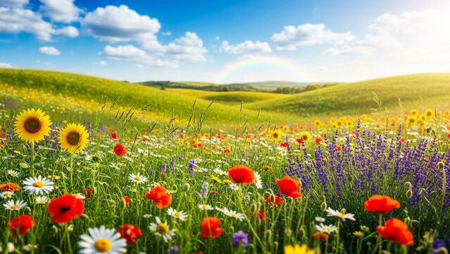 Beautiful summer meadow flowers landscape with rainbow and blue sky image