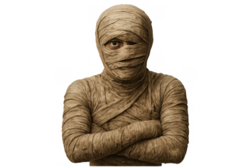 Person dressed as a mummy with arms crossed looking through bandages, isolated with transparent background